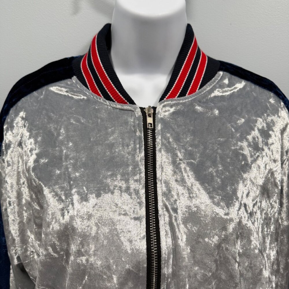 POL Crushed Velvet Colorblock Bomber Jacket Y2K Sporty Luxe Women S Blue Silver - Picture 5 of 11